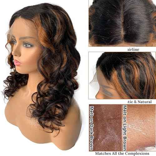 Licoville 22 Inch Highlight Ombre Lace Front Wig Human Hair Loose Wave Lace Front Wigs 1b/30 Black Brown Highlight Loose Curly Wigs Human Hair for Black Women 180% Density Middle Part Pre Plucked