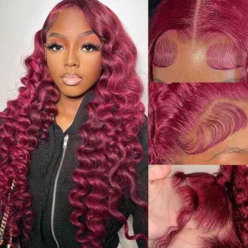 99j Loose Wave Lace Front Wigs Human Hair Pre Plucked Burgundy Loose Deep Wave 13x4 Hd Lace Front Wigs Human Hair for Women 180% Density 99j Burgundy Glueless Deep Wave Wig 22 Inch