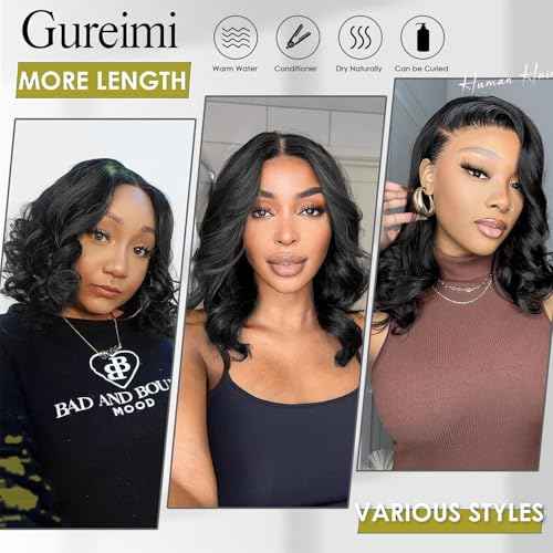 16 Inch Bob Wig Human Hair Short Body Wave Lace Front Wigs Human Hair 13x6 HD Lace Front Wigs 200 Density Body Wave Wigs Pre Plucked for Women Natural Black