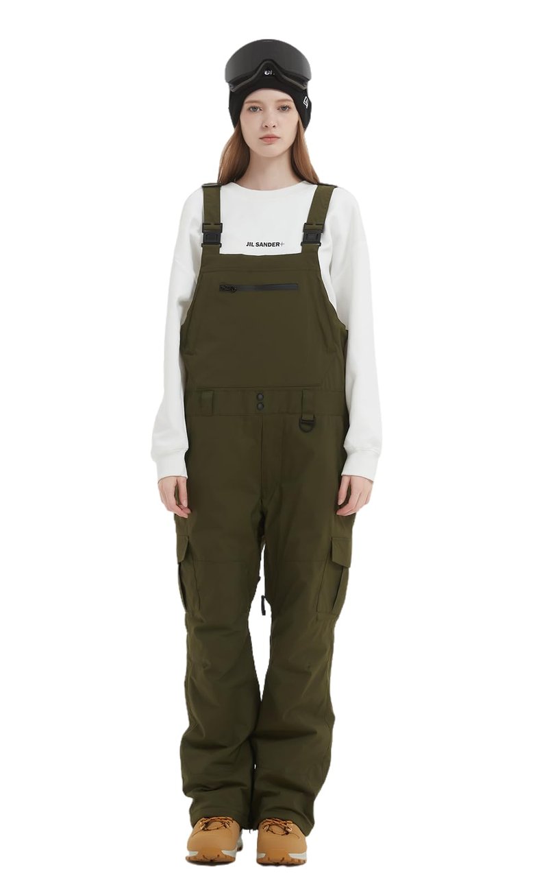 SNBOCON Womens Mens Snow Ski Bibs Pants Adjustable Overalls Windproof Waterproof Jumpsuit Snowboarding Insulated Warm Trousers Winter(S,Olive)