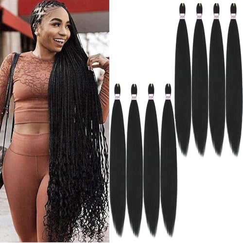 Pre Stretched Braiding Hair 38 Inch 8 Packs Professional Soft Yaki braiding Hair For Braids Hot Water Setting Synthetic Crochet Hair Extensions (1B, 38 Inch (Pack of 8))
