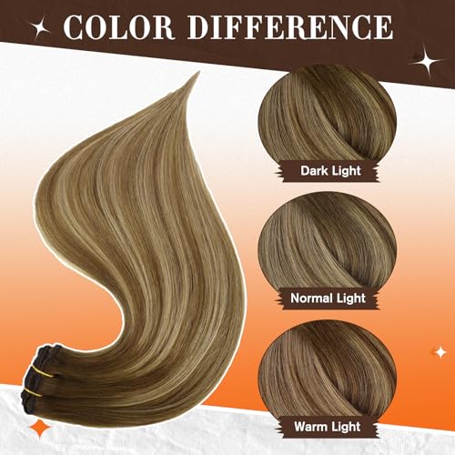 Full Shine Clip in Hair Extensions Human Hair 16Inch Lace Clip in Human Hair Ombre Brown Fading to Blonde Highlight Double Weft Straight Hair Extensions for Women 60Grams 3Pcs