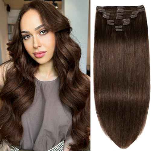 Clip in Hair Extensions Real Human Hair, 24inch 120g, 100% Brazilian Remy Human Hair Clip ins for Women, Straight Seamless Double Weft Hair Extensions, Invisible 8pcs, #4 Chocolate Brown