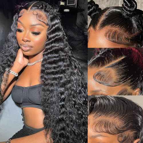13X6 Deep Wave Wigs Human Hair Lace Front Wigs for Women 180% Density Deep Curly Human Hair Wig Pre Plcked Deep Wave Frontal Wig with Baby Hair (16 Inch)