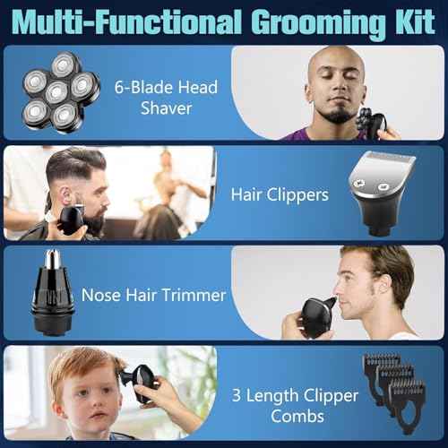 Head Shaver for Bald Men, 6-in-1 Electric Shaver for Bald Head 6D Wet/Dry Waterproof Mens Electric Razor Head Shavers with Grooming Kit Cordless Rechargeable Face Head Shaving Rotary Shavers Blue