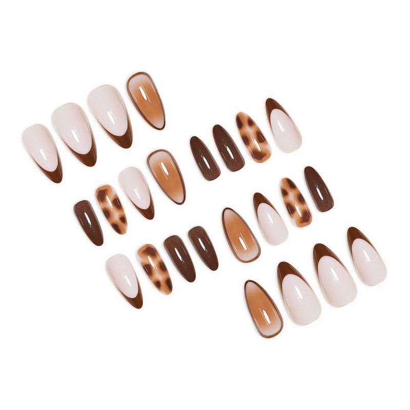 Almond Press on Nails Short Fall Fake Nails with Designs Press on Almond Nails Glossy French Tip Gel False Nails Kits Brown Acrylic Full Cover Stick on Nail for Women 24PCS