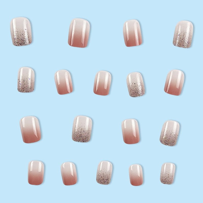24 Pcs Ombre Press on Nails Short Square - MINGCHUN Spring Fake Nails Press ons Nail Art Tip Sequins Glitter French Design Full Cover Acrylic Nail Kit False Nails Glue on Nails Stick on Nails Women