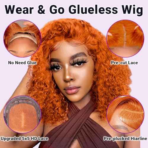 UCUVIC Wear And Go Glueless Wigs Human Hair Pre Plucked Pre Cut Curly 5x5 Deep Wave Bob Wig Human Hair Lace Front Closure Wigs For Black Women 200 Density Curly Wig Glueless Wear And Go Ginger 18 Inch