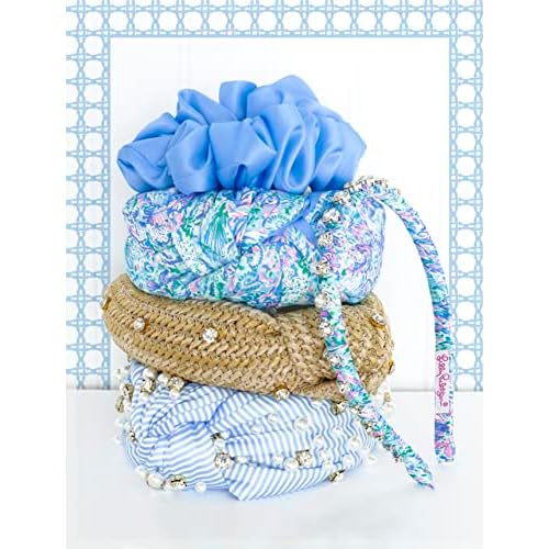 Lilly Pulitzer Colorful Knotted Rhinestone and Pearl Headband, Wide Satin Headband, Cute Embellished Hair Accessories for Women & Girls, Frenchie Blue Stripe