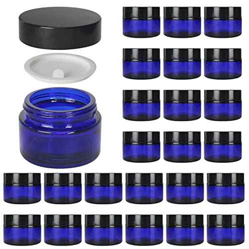 24 Pack 1 oz Round Blue Glass Cosmetic Jars with Inner Liners and Black Lids, Travel Glass Jars, Cosmetic Containers for Lip Balms, Powders, Makeup, Cream, Eyeshadow, Slime, Paint
