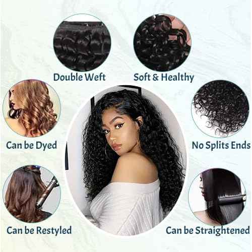 Deep Wave Human Hair Bundles 18 20 22 Inch Curly Human Hair 3 Bundles 100% Unprocessed Brazilian Virgin Deep Curly Bundles For Black Women Quick Weave Wet And Wavy Natural Black
