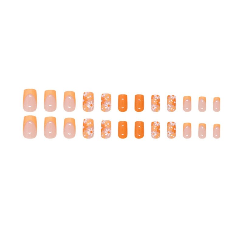 Flower Press on Nails Short Square Fake Nails French Tip False Nails Glossy Full Cover Acrylic Nails Orange Glue on Nails Artificial Stick on Nails for Women Manicure 24 Pcs