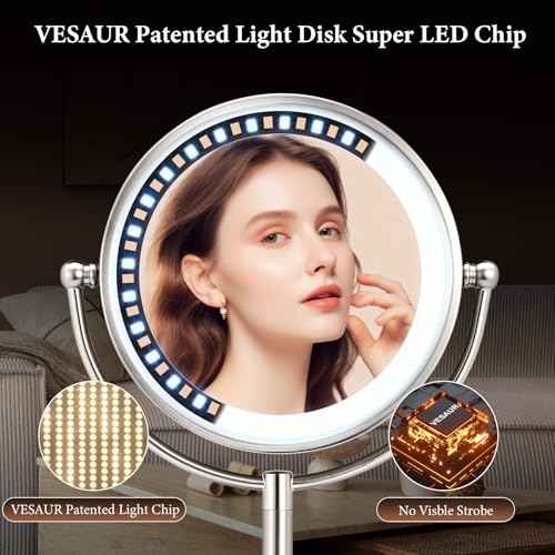 VESAUR 2025 9.3" Large 5000mAh Rechargeable Lighted Makeup Mirror Nickel, 1X/10X/20X HD Magnifying Mirror with Compact Suction, 3 Color Dimmable Light, 360¡ÆSwivel Seamless Vanity, Gift Box