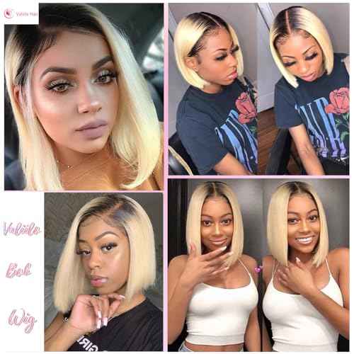 1b613 Ombre Blonde Bob Wig Human Hair Dark Roots 13x4 HD Lace Front Wigs Human Hair Pre Plucked with Baby Hair Glueless Bob Wig Human Hair 180% Density 14 Inch