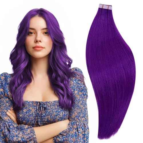 RUNATURE Purple Hair Extensions Human Hair Tape in Extensions 18 Inch 50g 20pcs Tape in Hair Extensions Colored Highlight Party Thick Tape in Human Hair Extensions #Purple