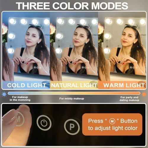 Hollywood Makeup Mirror with Lights,22" X 17" Lighted Vanity Mirror with 3 Light Modes, Detachable 10X Zoom Magnifying Mirror, 360 Rotatable, Metal Frame,Touch Control,AC-Powered, Gifts, White