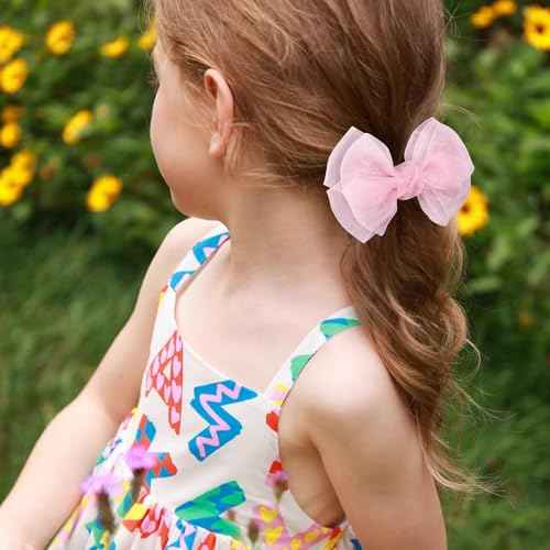 Pink Hair Bows Barrettes Mesh Bow Clips 4" Organza Double Tulle Bowknot Hairpins Handmade Birthday Dress outfit Decor Accessories Gift for Teens Toddler Girls Children Kids Women