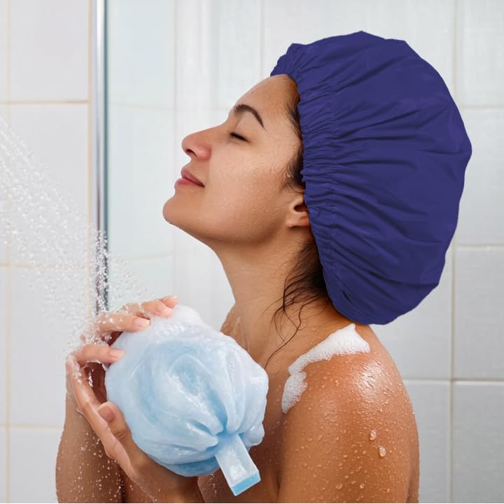Skiennix Reusable Shower Cap - Large Waterproof Bonnet with Elastic Band for Long, Curly Hair | Dark Blue Purple