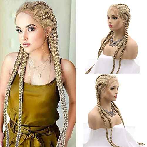 613 Braided Lace Front Wig Blonde French Braided Wigs for Black Women Straight Long Dutch Braids Wig Twisted Braiding Glueless Real Hair Wig Synthetic Heat Resistant Drag Cosplay Daily 30Inch