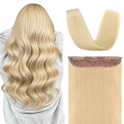 Invisible Wire Hair Extensions Real Human Hair - 20 Inch 80G Bleach Blonde Transparent Fish Line Clip-Ins Hair Piece, 100% Remy Human Hair Extensions for Women