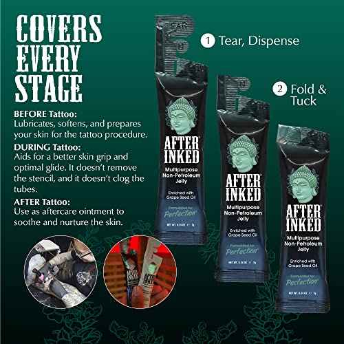 After Inked Tattoo Aftercare Non-Petroleum Jelly - With Grape Seed Oil, Essential for Tattoo Kit, PMU & Piercing Aftercare - Multipurpose Ointment - 7g Reclosable Packet (50-Pack)