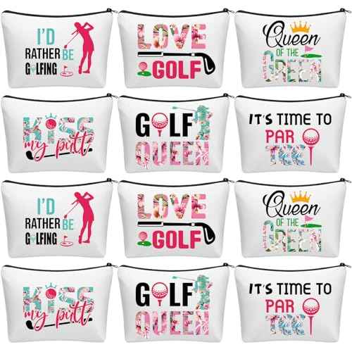 12 Pcs Golf Gifts for Women Female Cosmetic Bags Golfer Makeup Bag Canvas Toiletry Pouch with Zipper Accessories for Women Ladies Golf Lover Player Fans Birthday Gifts