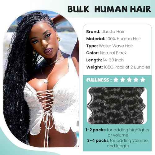 Human Braiding Hair 30 Inch Water Wave Bulk Human Hair for Braiding No Weft 12A Brazilian Virgin Curly Human Hair Extensions for Boho Braids Wet and Wavy Human Hair Braiding Hair 2 Bundles/Pack 100G