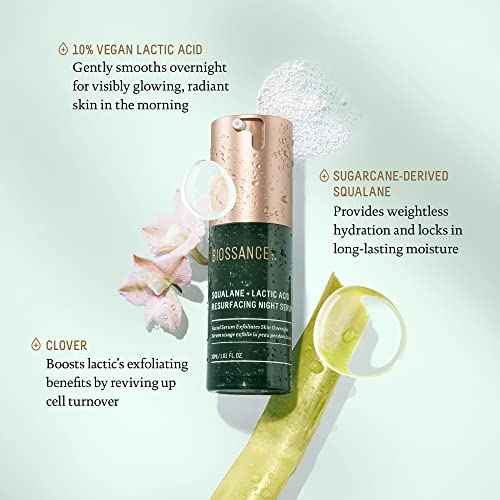 BIOSSANCE Squalane + Lactic Acid Resurfacing Night Serum - Vegan 10% Lactic Acid Face Serum for Skin Texture and Fine Lines - Gentle Night Exfoliant, Hydrating - Pore Reducer for Face, 1.0 Ounce