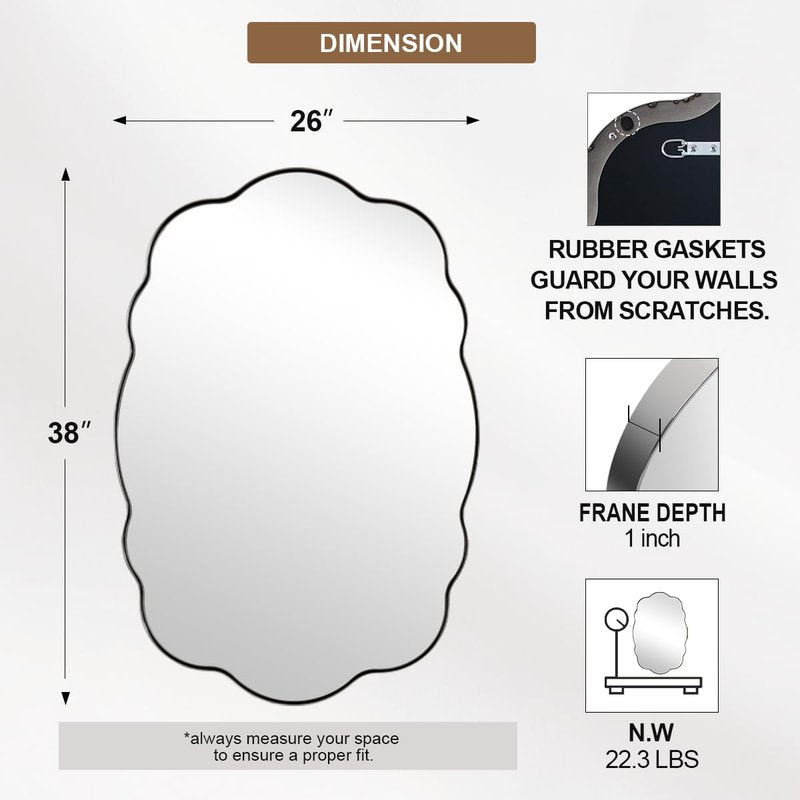 ANDY STAR Chrome Wavy Oval Bathroom Mirror - 26x38 Inch Polished Scalloped Bathroom Mirror, Unique Irregular Design with Heavy Duty SUS Metal Frame