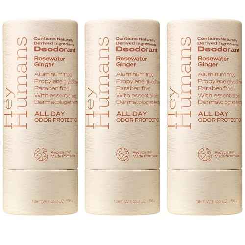 Hey Humans Aluminum Free Deodorant for Women and Men, Contains Naturally Derived Ingredients, Long Lasting Odor Control with Refreshing Essential Oils Pack of 3 Rosewater Ginger