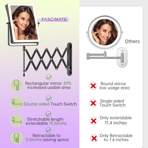 FASCINATE Rechargeable Wall Mounted Makeup Mirror with Lights, 8.7 Inch Double Sided Touch Switch 1X 30X Magnifying Bathroom Mirror, 3 Color Lights Touch Dimmable Extended Arm 360¡ÆRotation (Black)