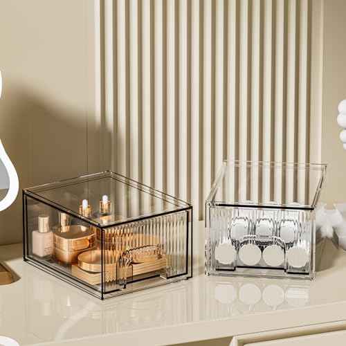 ZHIAI 2 Pack Clear Stackable Cosmetic Organizer, Acrylic Drawer, Plastic Organizer for Dresser, Vanity, Kitchen Cabinet, Pantry, Home Organization and Storage