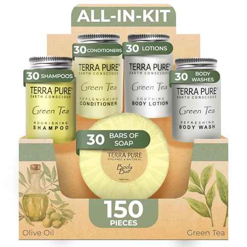 Terra Pure Hotel Soaps & Toiletries Bulk Set | 1-Shoppe Amenities Kit | 1oz Shampoo & Conditioner, Body Wash, Lotion, 1.25oz Bar Soap | Travel Size | 150 Pieces