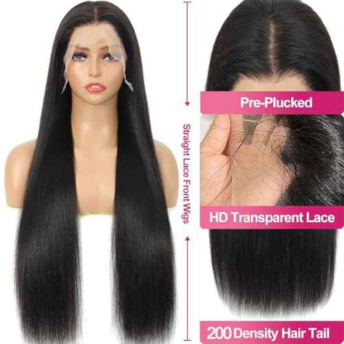 Lace Front Wigs Human Hair Pre Plucked HD Transparent Lace Frontal Wig Bralizian Virgin Human Hair Tiny Knots Natural Hairline with BabyHair (1B Black, 26 Inch)