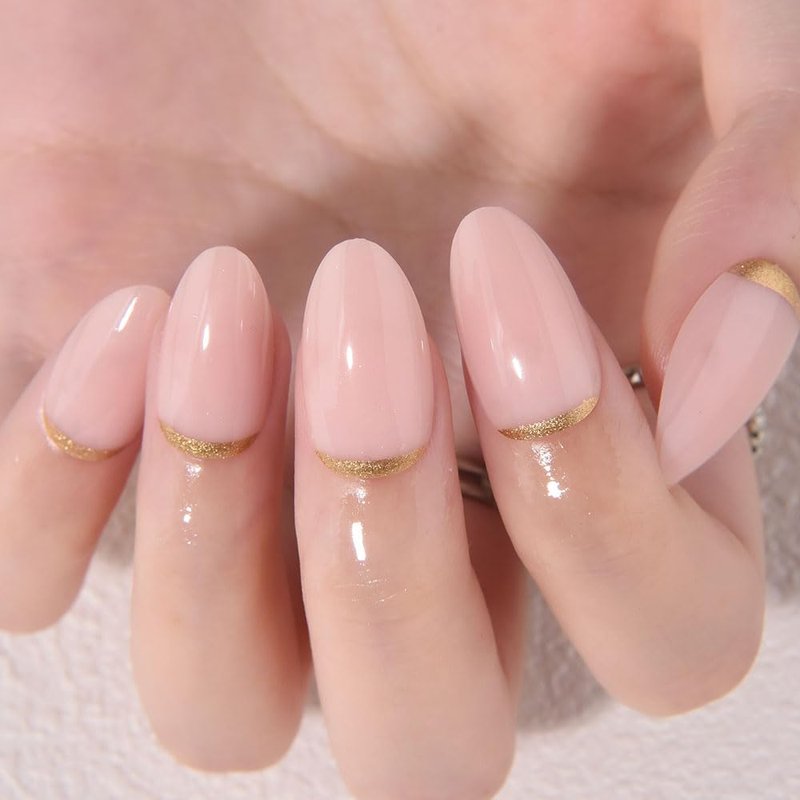 evpct Nude Pink French Press on Nails Short Almond, Short Gold Foil Stick on Nails for Women Gift,Nude Pink Glossy Fake Nail Reusable Soft Gel Press on Acrylic Fake Nail kit with Gold Line Design