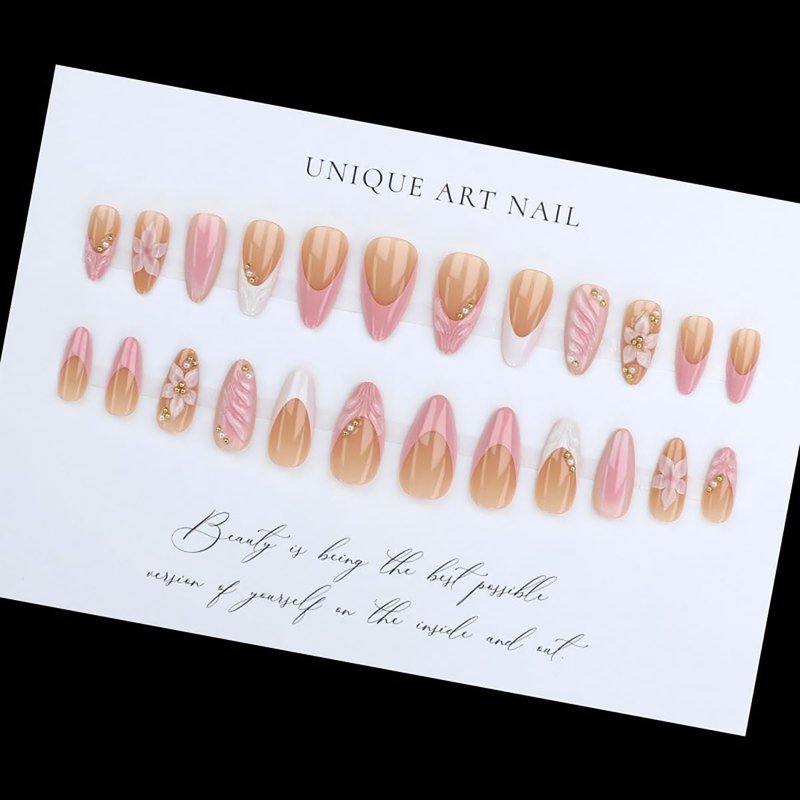 Skiennix 24Pcs Pink Flower Press-On Nails - Short Almond French Tip with 3D Floral Design & Gold Beads
