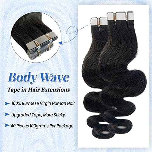 Licoville Body Wave Tape in Hair Extensions, Upgraded 100G 40PCS Body Wave Human Hair Tape ins for Black Women Skin Weft Soft Natural Black Curly Tape in Extensions Real Human Hair 18 Inch