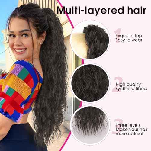 RONTAYA Ponytail Extension Claw 30" Curly Pony Tail Clip in Hair Extensions Fluffy Natural Looking Synthetic Hairpiece for Women Black