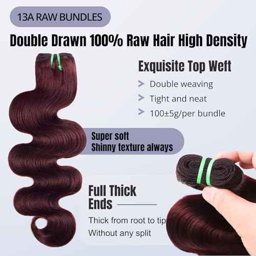 13A Double Drawn 99J Dark Burgundy 3 Bundles Body Wave Human Hair, Double Lifespan Than Regular Hair, Keep Silky And Soft After Washes Colored #99J Wine Cheery Red Bundles Raw Hair 12 14 16 IN