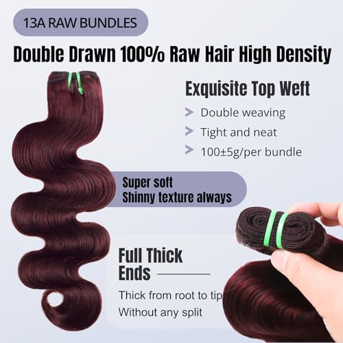 13A Double Drawn 99J Dark Burgundy Human Hair Bundles Body Wave, Double Lifespan Than Regular Bundle Keep Silky & Soft After Washes Colored #99J Wine Single Bundles Raw Hair Quick Weave 10 IN