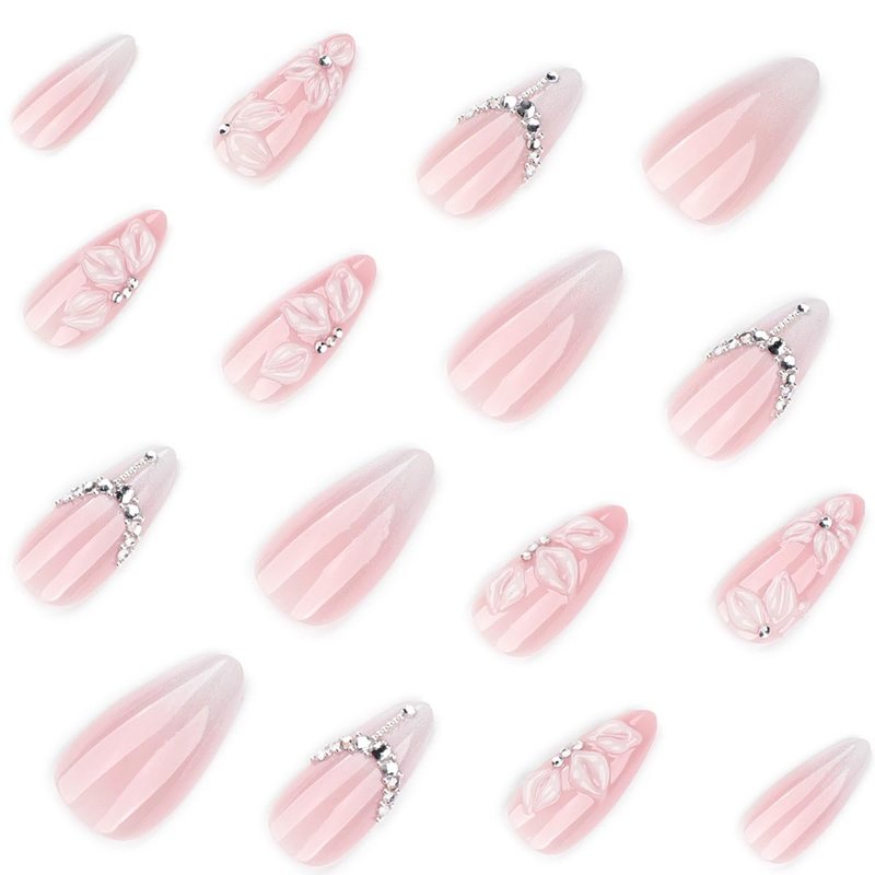 24Pcs White French Tip Press on Nails Medium Almond Fake Nails with Silver Rhinestones with Nude Pink Full Cover Glue on Nails French Designs 3D Flower False Nails Cute Spring Stick on Nails for Women