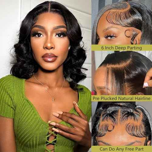 16 Inch Bob Wig Human Hair Short Body Wave Lace Front Wigs Human Hair 13x6 HD Lace Front Wigs 200 Density Body Wave Wigs Pre Plucked for Women Natural Black
