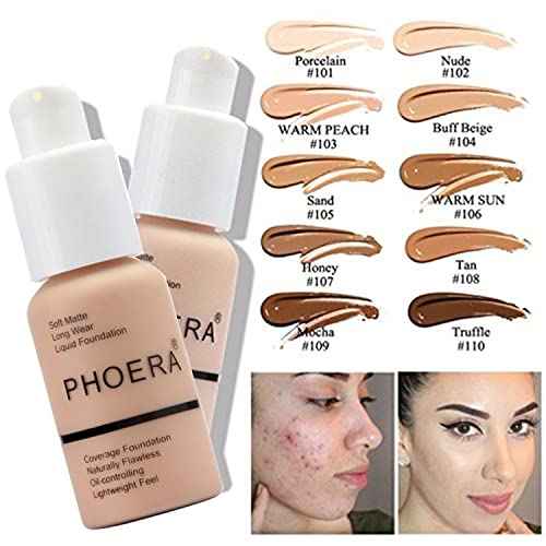 PHOERA Foundation, Full Coverage Foundation, PHOERA Primer, PHOERA Powder, PHOERA Makeup Set, Kabuki Makeup Brushes Foundation Brush Powder Brush,2 Pcs Makeup Sponge (103 Warm peach+104 Buff Beige)
