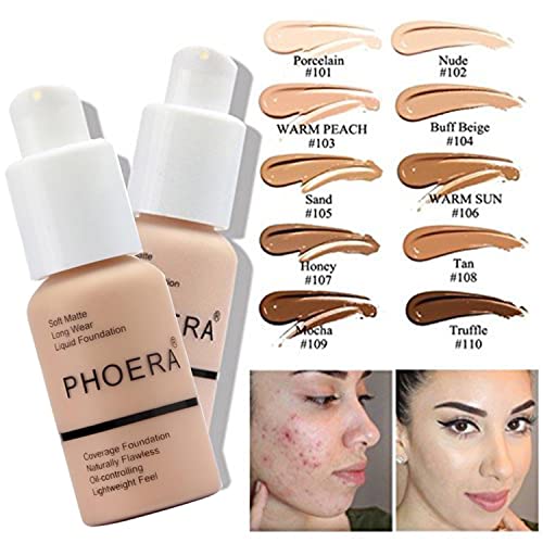 PHOERA Foundation, PHOERA Contour Palette,Shades with Highlighter & Bronzer & Blush,Up to 24 Hour Fresh Wear,PHOERA Concealer Primer Powder (102+ #002 Contour/Nude+#002)