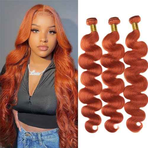 Ginger Body Wave Bundles Human Hair Color 350 Double Weft Brazilian Hair Extersions Burnt Orange Wet and Wavy Bundles Soft Silky for Black Women 20 22 24 Inch