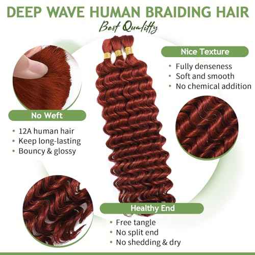 Human Braiding Hair for Boho Braids 120g 12A Deep Water Wave Bulk Human Hair Knotless Boho Braiding Curly 100% Virgin No Weft Extensions Bohemian Braids 3 Bundles/Pack Copper 24 Inch