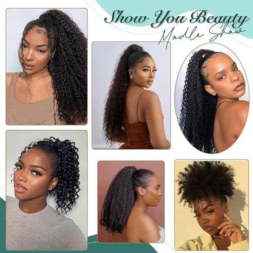 Ponytail Extension Human Hair Curly Ponytail Extension for Black Women Long Afro Puffs Hair Buns Drawstring Ponytail Human Hair (16 Inch #1B Natural Black)