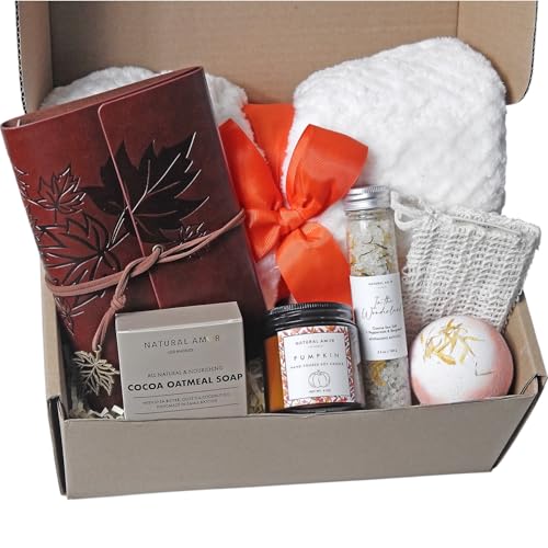 Natural Amor Cozy Spa for Women ? Thanksgiving Self Care Gift Set with Pumpkin Candle, Handmade Soap, Bath Bomb & Journal ? Relaxation Holiday Gift for Women Men