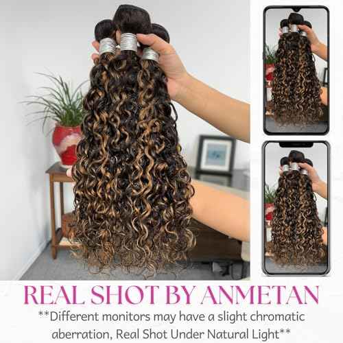 Honey Blonde Highlight F1B30 Water Wave Bundles Human Hair, 12A Soft Thick Wet and Wavy Black and Brown Ombre Color Curly Single Bundles 100% Unprocessed Brazilian Virgin Remy Human Hair 10 In
