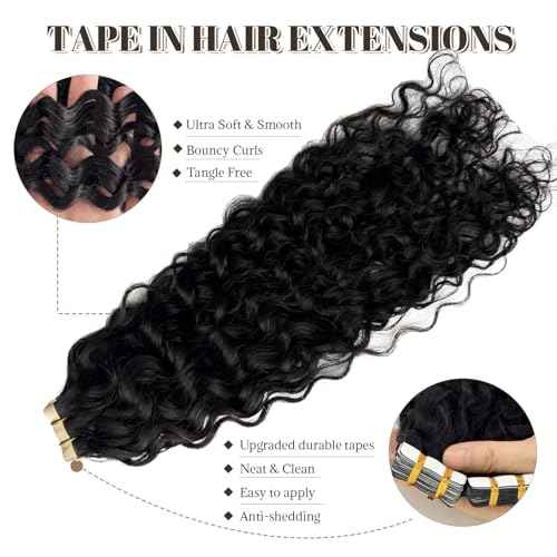 Water Wave Tape in Hair Extensions Human Hair, Natural Black Hair Extensions Real Remy Human Hair Tape ins for Black Women, 20 Inch 100g/pack 40pcs Double Sided Invisible Tape Hair Extension